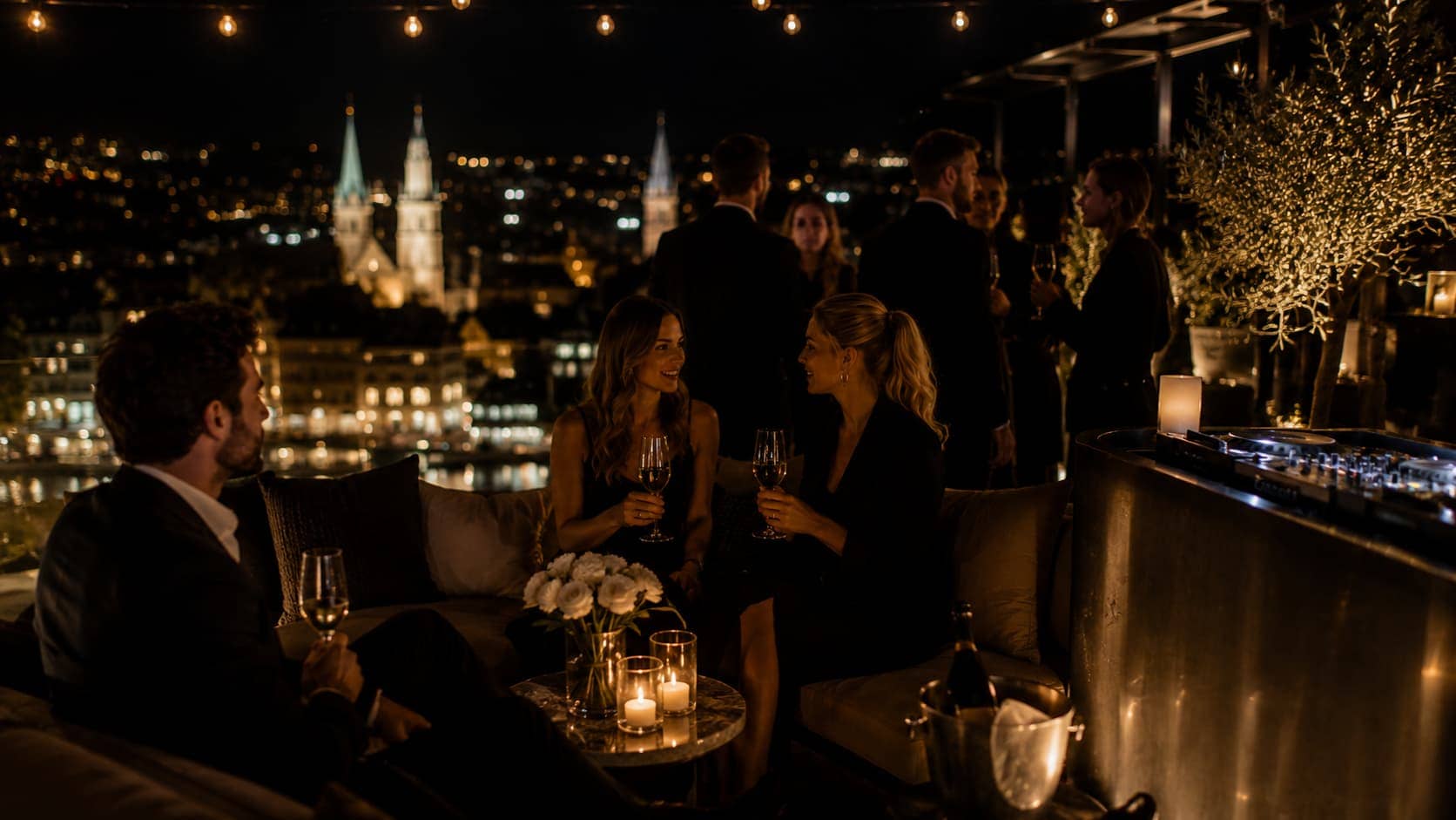 Guests celebrating at a private rooftop party in Zurich
