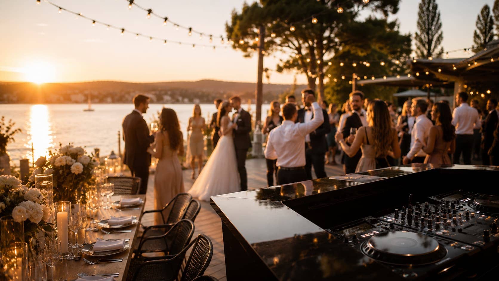 DJ Fedja at a lakeside wedding with dancing guests